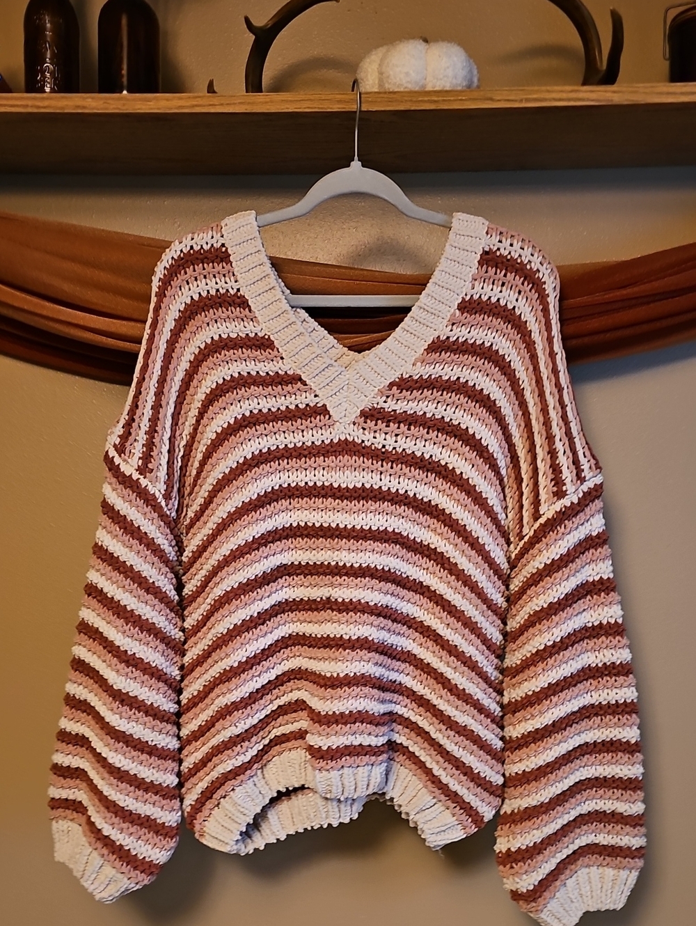 POL Striped V-Neck Sweater in Cream, Mauve And Pink